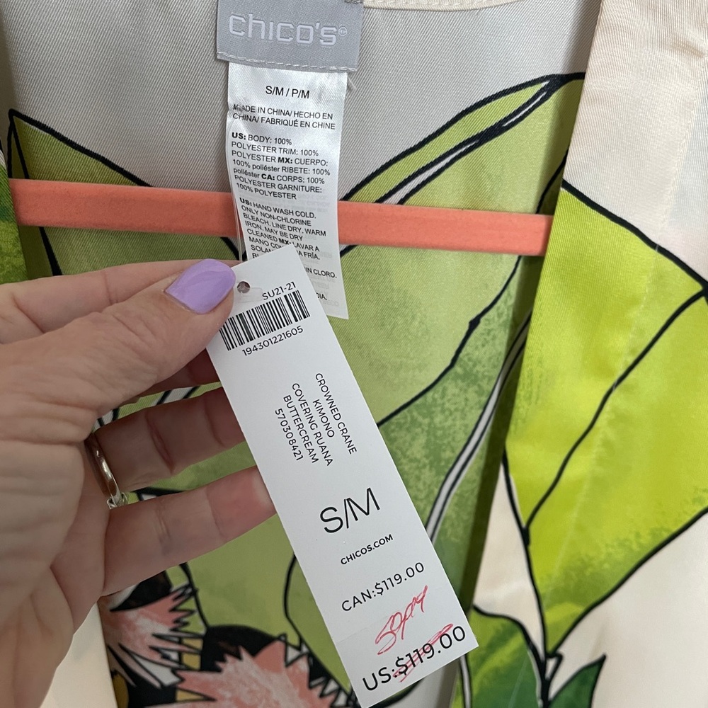 New Chico’s Bird of Paradise Colorful Bird Print Kimono Size S/M - Picture 2 of 5